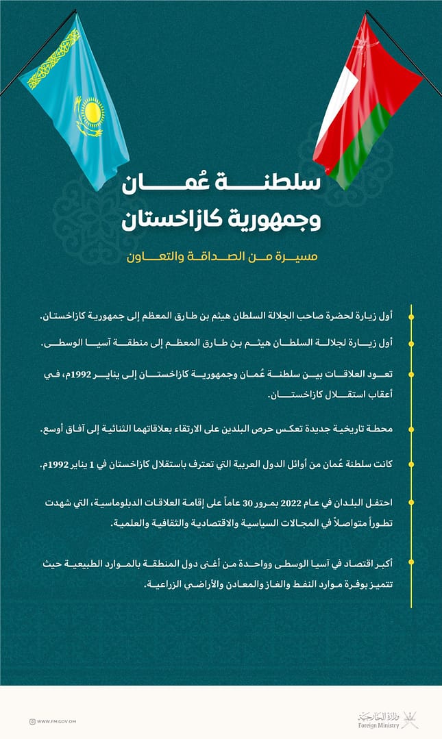 سلطنة عمان وجمهورية كازاخستان.. مسيرة من الصداقة والتعاون