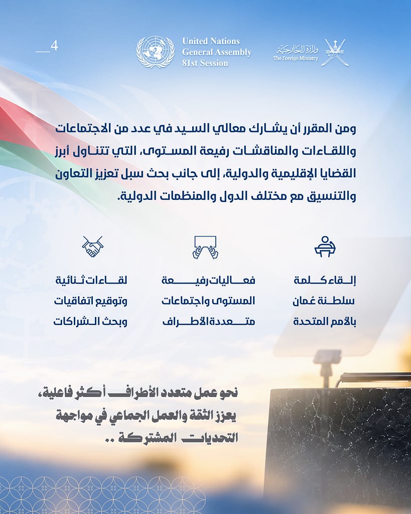 دعم السلام والأمن العالميين على رأس أولويات مشاركة سلطنة عمان في أعمال الجمعية العامة للأمم المتحدة