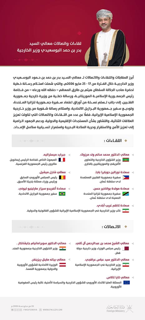 أبرز اللقاءات والاتصالات لمعالي السيد بدر بن حمد البوسعيدي وزير الخارجية ، خلال الفترة من 17 - 25 مايو 2026م .