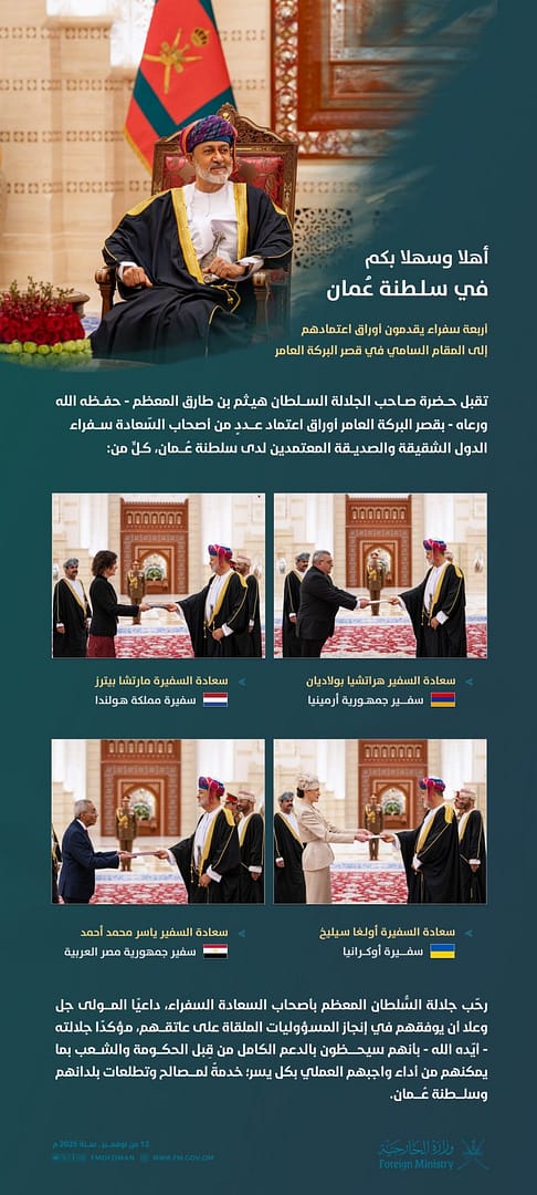 أربعة سفراء يقدمون أوراق اعتمادهم إلى المقام السامي في قصر البركة العامر